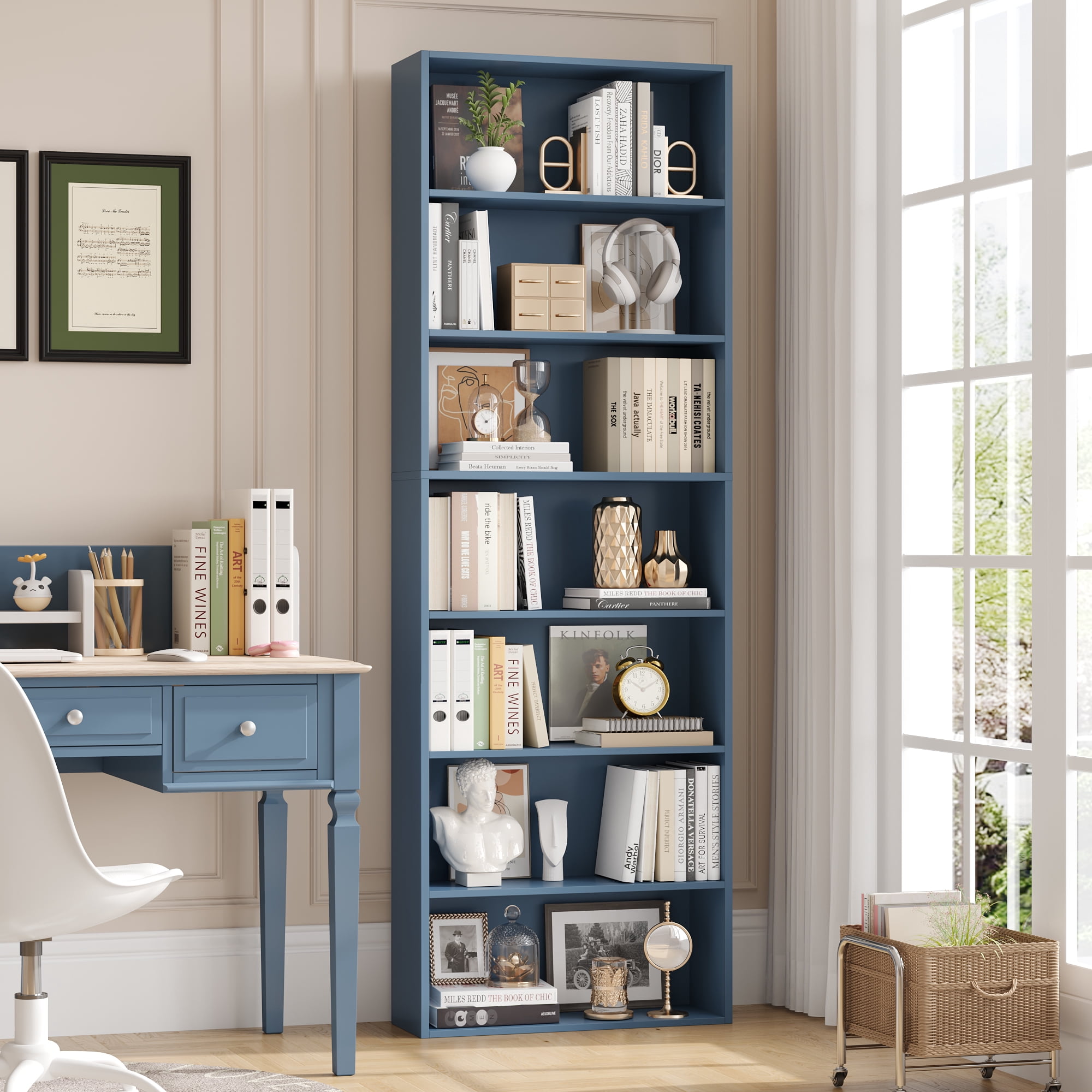 Homfa 82" Tall Bookcases Set of 2, Freestanding Display Storage Shelves, 7-Tier Open Bookshelf for Home Office Living Room Bedroom, Blue