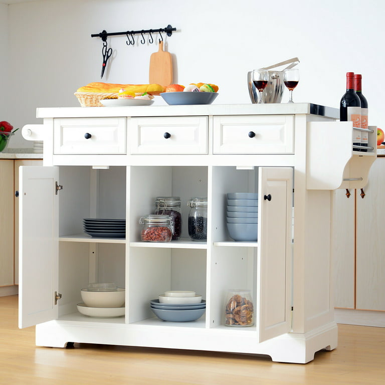Rolling Kitchen Island Storage Cabinet with 3 Drawers & Open Shelves &  Doors