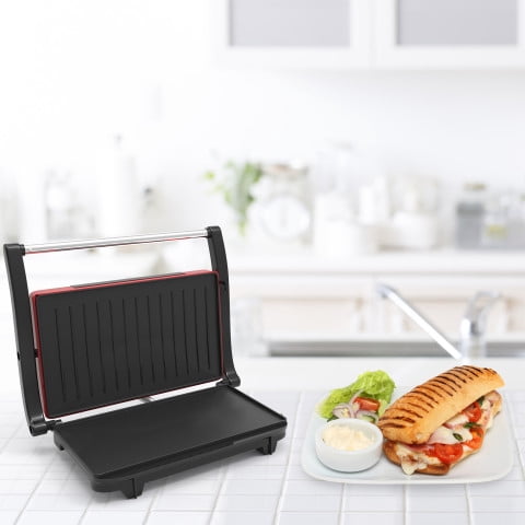 Chef Buddy Indoor Countertop Grill Panini Press Sandwich Maker with Nonstick Plates, Red