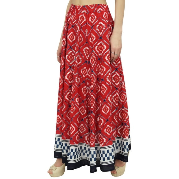 Bimba Women's Red Batik Print Cotton Skirt Elastic Waist Maxi Summer Skirts-S