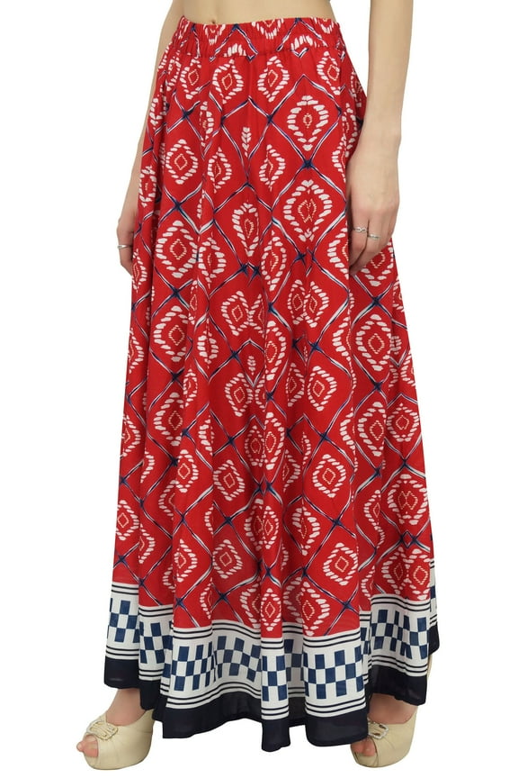 Women's Red Batik Print Cotton Skirt Elastic Waist Maxi Summer Skirts-2XL