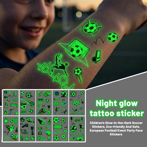 International Soccer Celebration Glow-in-the-Dark Football Temporary Tattoos, Eco-friendly Safe Adhesive Stickers for Sports Theme Party, Face Body Decals for Soccer Fans, Easy to Apply and Remove