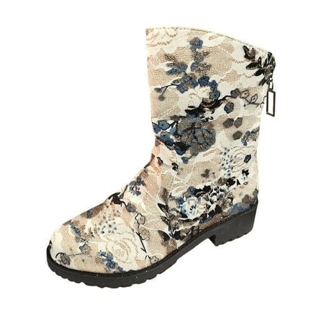 GHSOHS Cowboy Boots for Women Combat Boots Shoes Ankle Boots for Women Low Heel Flower Fabric Pointed Back Zipper Thick Heel Short Boot Western Cowgirl Boots Rain Boots Comfort Booties Size 40