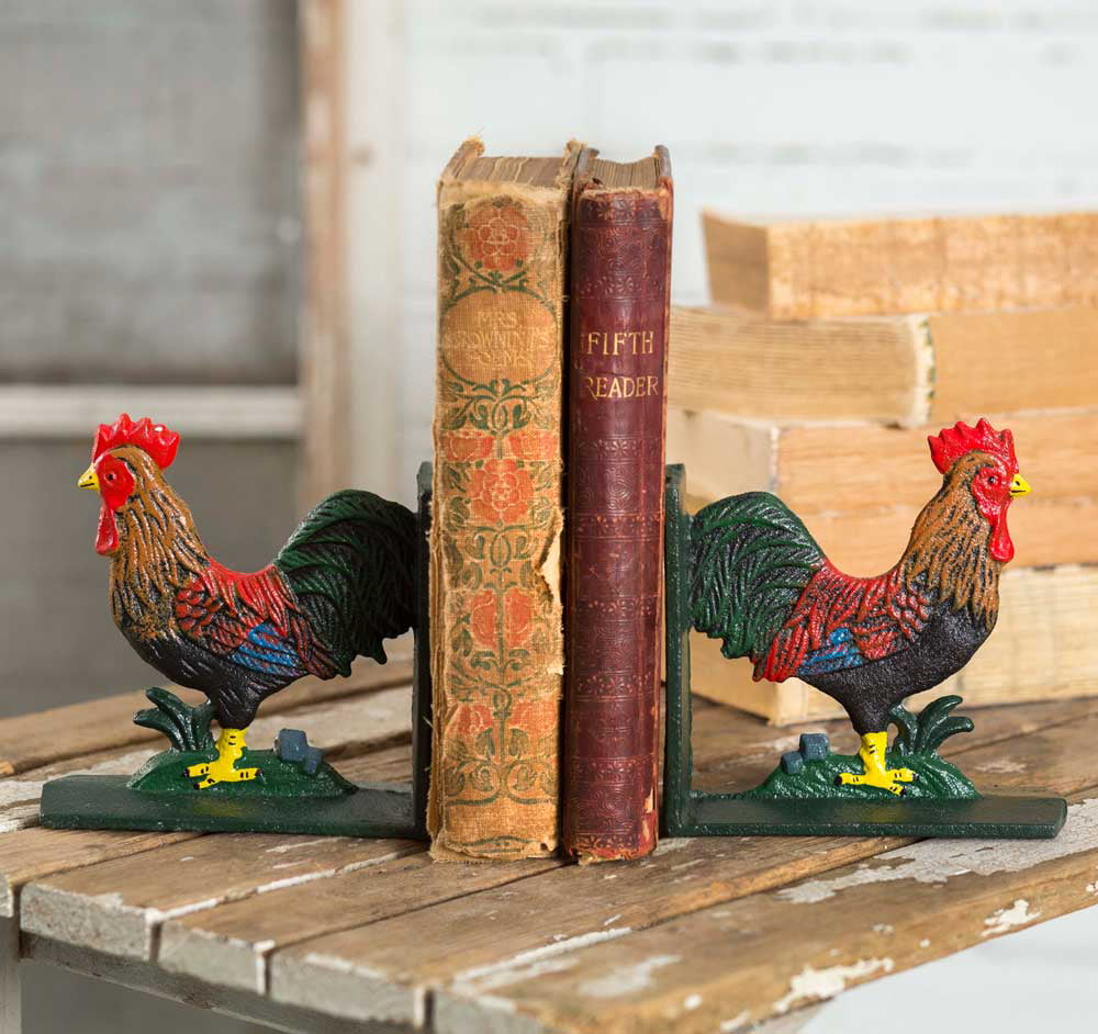 Cast Iron Colorful Rooster Bookends Set 8" tall Home Decor 0170-04408 