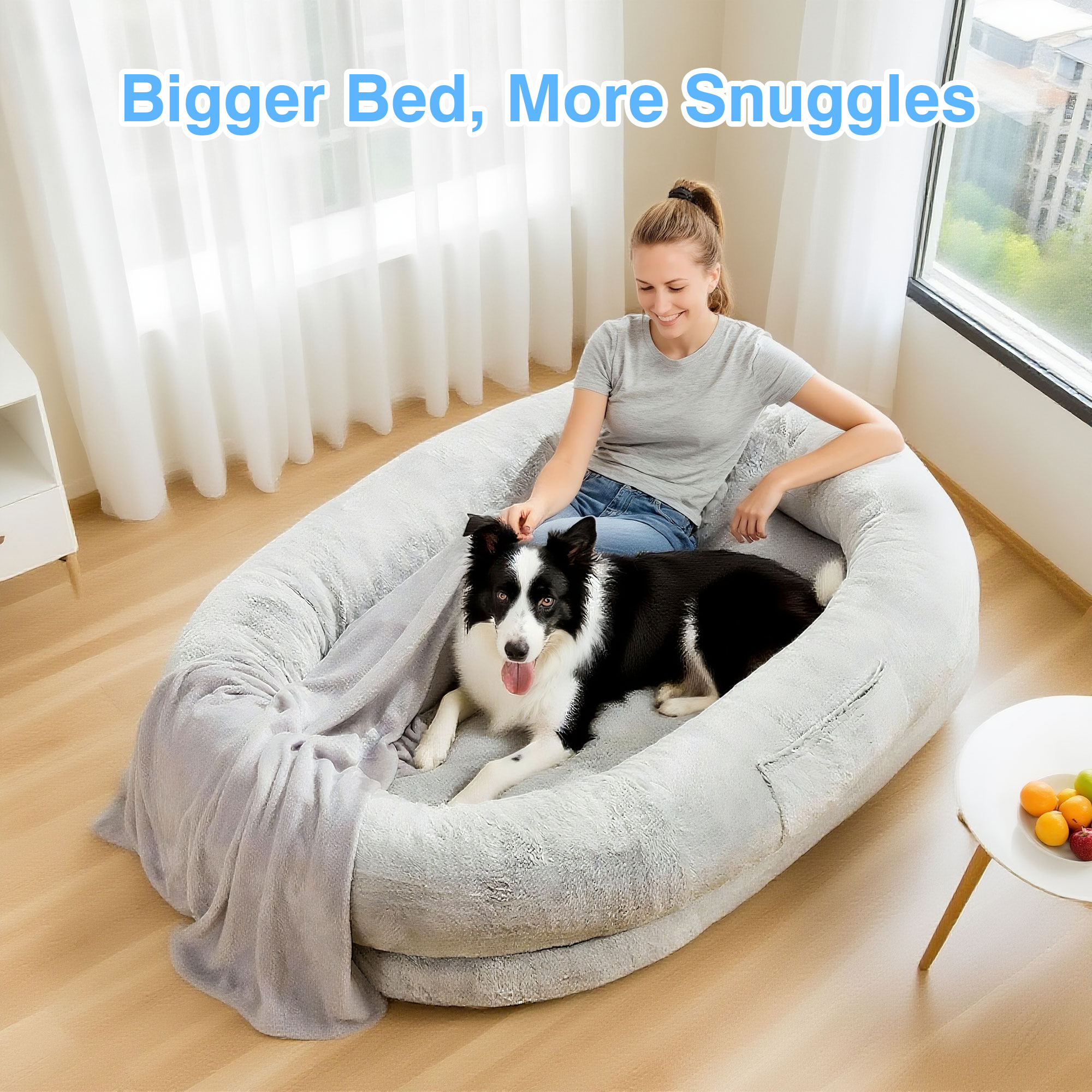 Extra Large Human Dog Bed for Adults & Pets, Faux Fur Orthopedic Lounger with Pillow & Blanket, Washable Nap Bed, Perfect Gift for Pet Lovers (68'' x 35'' x 14'')
