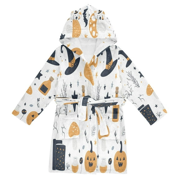 FORMRS Niños Bathrobe Unisex Hooded Robe Soft Plush Pajamas Sleepwear, Size 2-3T, White Halloween Pattern