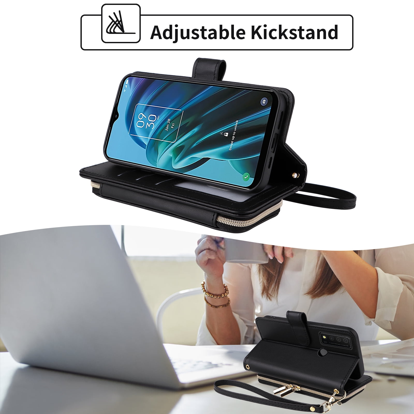 Furiet Argyle Wallet Case for TCL 30XE/30V/4X/20AX/20A/20R/Bremen 5G with Wrist/Shoulder Strap Slot Zipper Purse Card Holder Stand Phone Cover for TLC T601DL 30 XE XE5G V 20 AX R A 6.67 Black