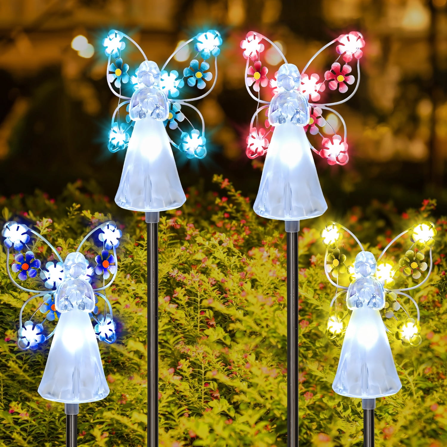 4 Pack Solar Angel Lights, LED Solar Garden Stake Lights, Multicolor Outdoor Solar Lights, Cemetery Decoration for Christmas Yard Sympathy Gifts