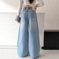thumbnail image 4 of FINALGANG Girls Jeans Kids Light Blue Wide Leg Waist Skirt Detail Denim Pants Elastic High Waist Loose Fit Trousers For Casual Daily Street Wear Blue 6-7 Years, 4 of 5