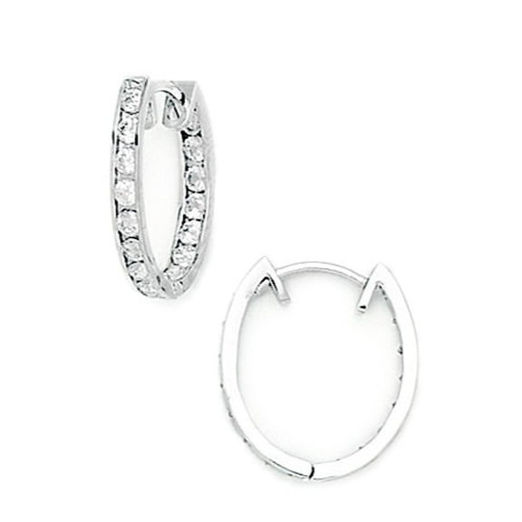Sterling Silver Rhodium Plated Cubic Zirconia Hoop Hinged Earrings - Measures 17x15mm
