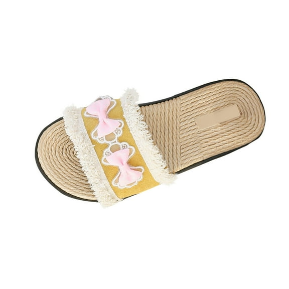 Xfvqtps Slides for Women Flat Woven Sole Polka Dot Bow Lace Fringe Non Slip Comfortable Breathable Summer Beach Sandals Yellow