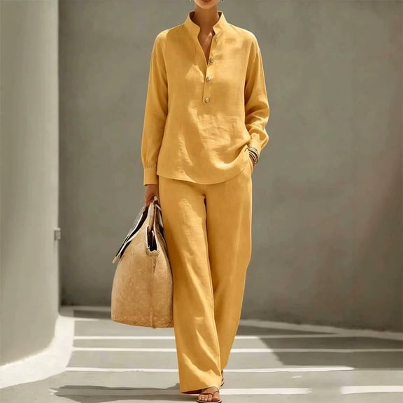 Stralyhd 2 Piece Womens Sets Cotton Linen Lounge Sets Spring Fashion Matching Sets Cozy Teacher Casual outfits with Pockets Gold XL