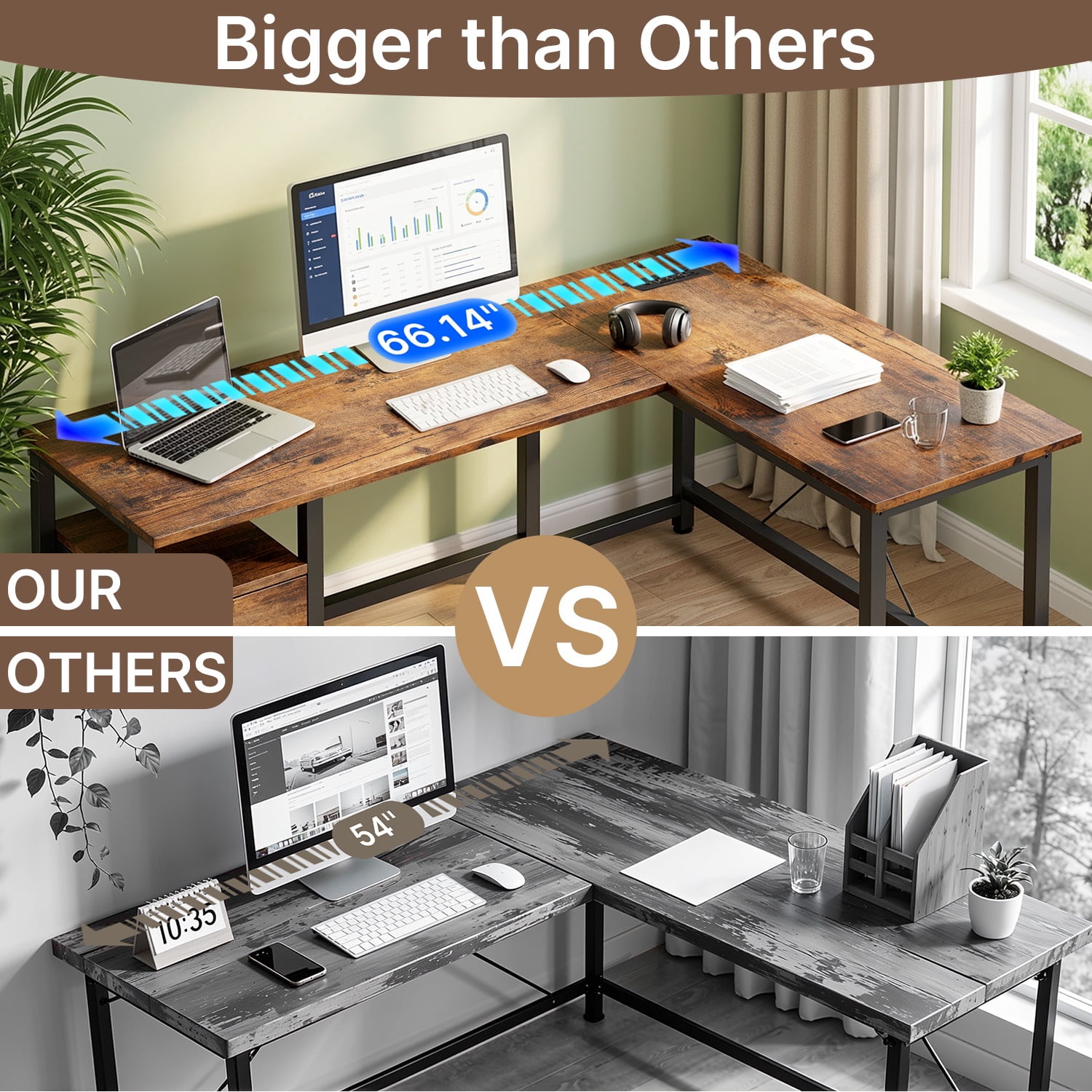 Asofer 66” L Shaped Desk with Drawers, Reversible Corner Computer Gaming Desk with Power Outlet, Rustic Brown