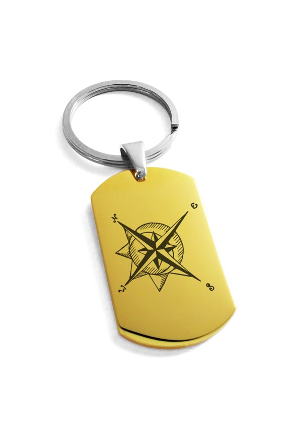 Stainless Steel Nautical Moon & Sun Compass Engraved Dog Tag Keychain Keyring