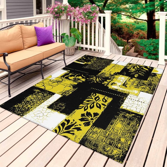 Yellow Black Outdoor Rug 3x5 Ft, Non Slip Washable Area Rug, Modern Abstract Art Botanical Patio Rugs Carpet Runner, Large Floor Mat for Indoor/Outdoor Deck Porch Camping