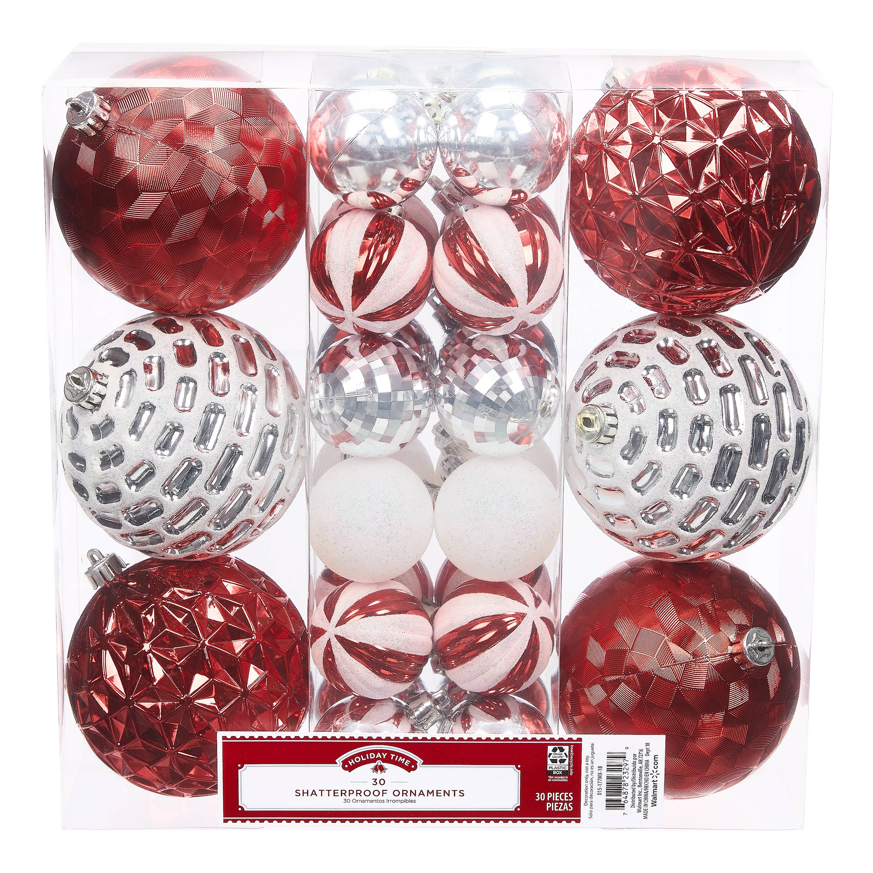 Holiday Time Shatterproof Ornaments, 30-Count, Red Silver White - Walmart.com