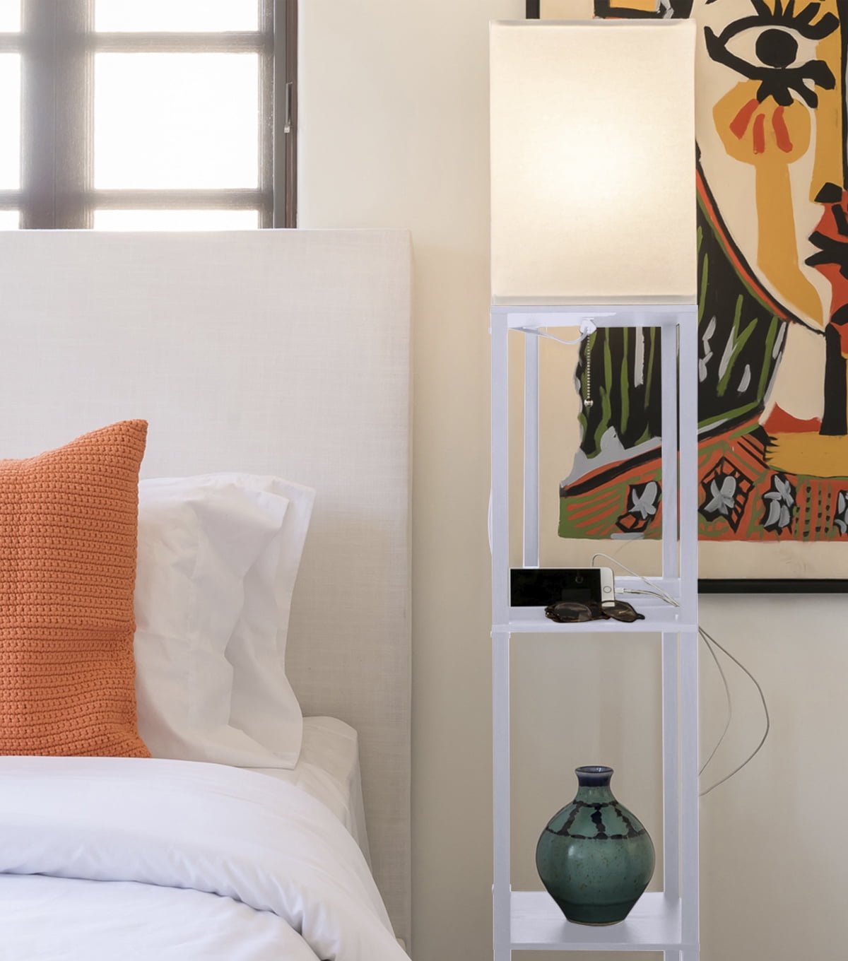 Brightech Maxwell Charger - Modern Shelf Floor Lamp with USB Charging Ports & Electric Outlet - Corner Display Floor Lamps with Shelves for Living Room, Bedroom and Office - White