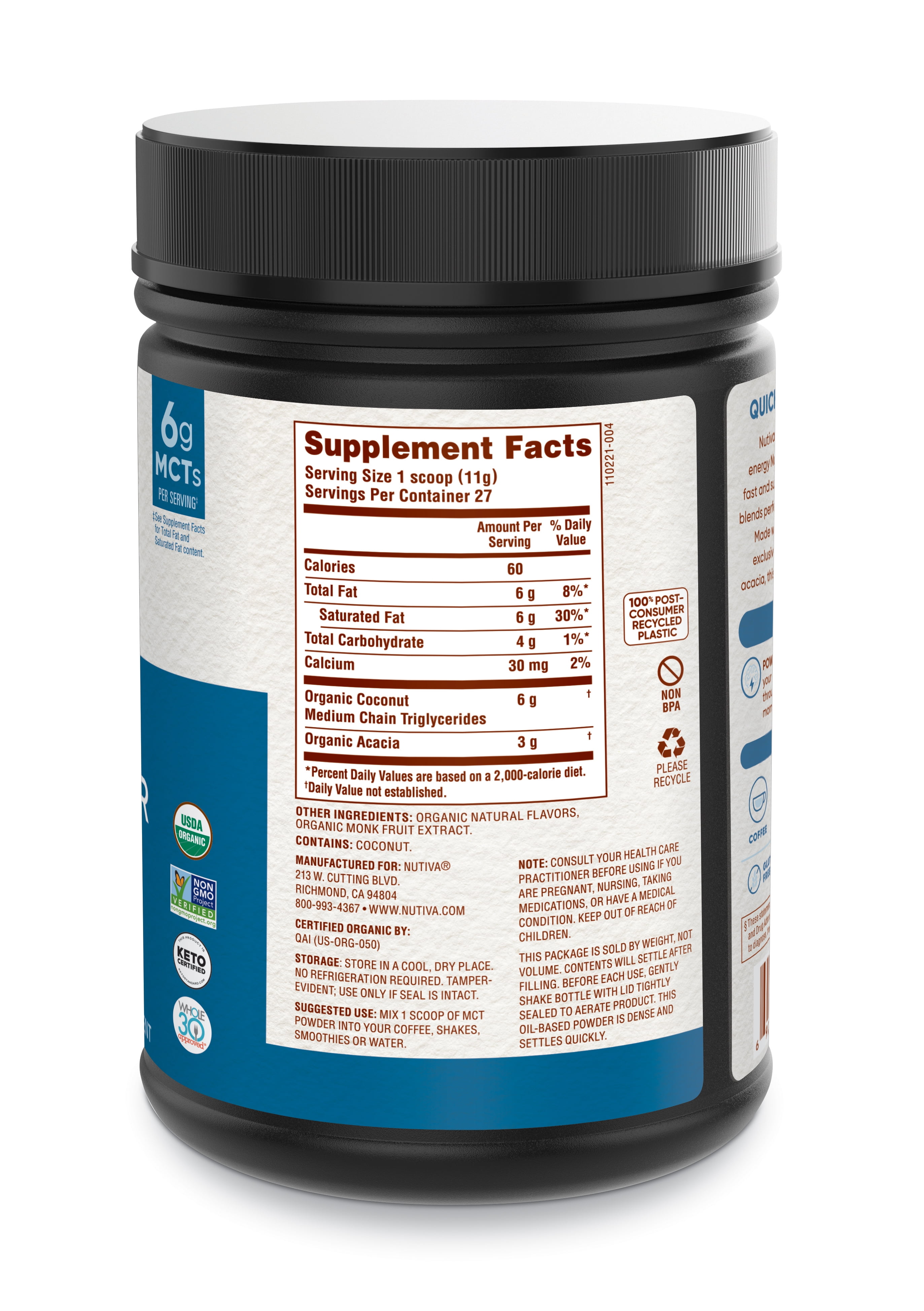 Nutiva organic mct powder with prebiotic acacia fiber, vanilla, 10.6 ounce