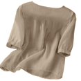 thumbnail image 7 of JULMCOMO Cotton Linen Shirts for Women Floral Embroidery Henley Short Sleeve Loose Vintage Blouses Comfy Casual Shirts Beige 3XL, 7 of 7