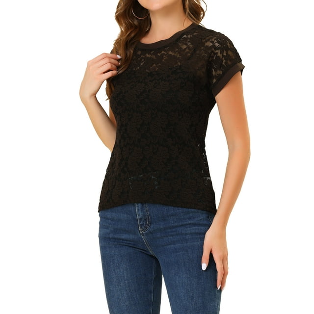 INSPIRE CHIC Haut en Dentelle Florale Transparent à Manches Courtes Décontracté pour Femme P Brun