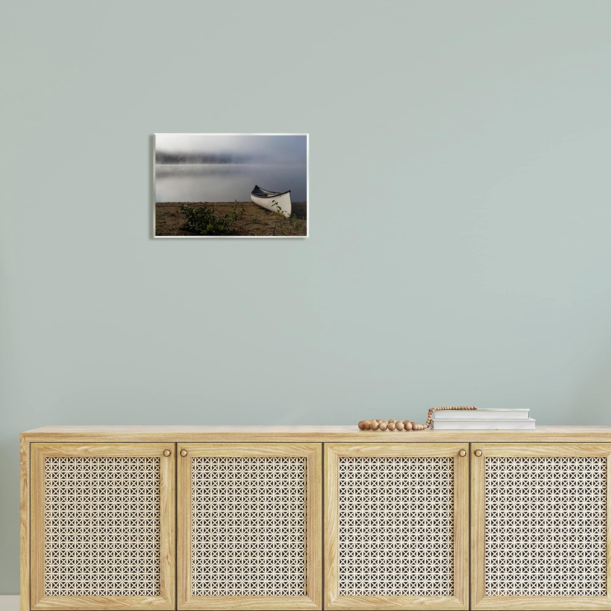 Stupell Industries Lone Canoe Tranquil Foggy Lake Beach Weather Photograph Unframed Art Print Wall Art, Design by Daphne Polselli