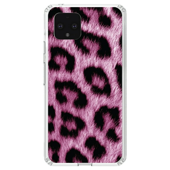 DistinctInk Clear Shockproof Hybrid Case for Google Pixel 4 XL (6.3" Screen) - TPU Bumper, Acrylic Back, Tempered Glass Screen Protector - Pink Black Leopard Fur Skin Print