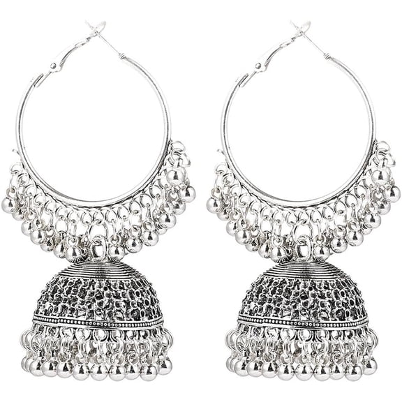 Silver Bell Dangle Drop Earrings For Women Big Vintage Boho Jhumki Jingling Beaded Tassel Hoop Earring Bohemian Indian Chandelier Lightweight Ethnic Jewelry Gifts