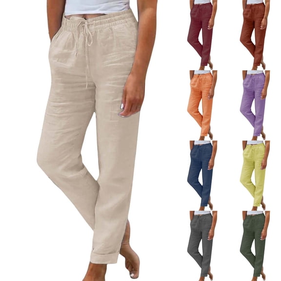 Women's Cotton Linen Pants, High Waisted Wide Leg Trousers with Drawstring, Casual Elastic Waist Loose Palazzo Ankle Pants for Beach, Summer, Lounge and Daily Outfits-Beige