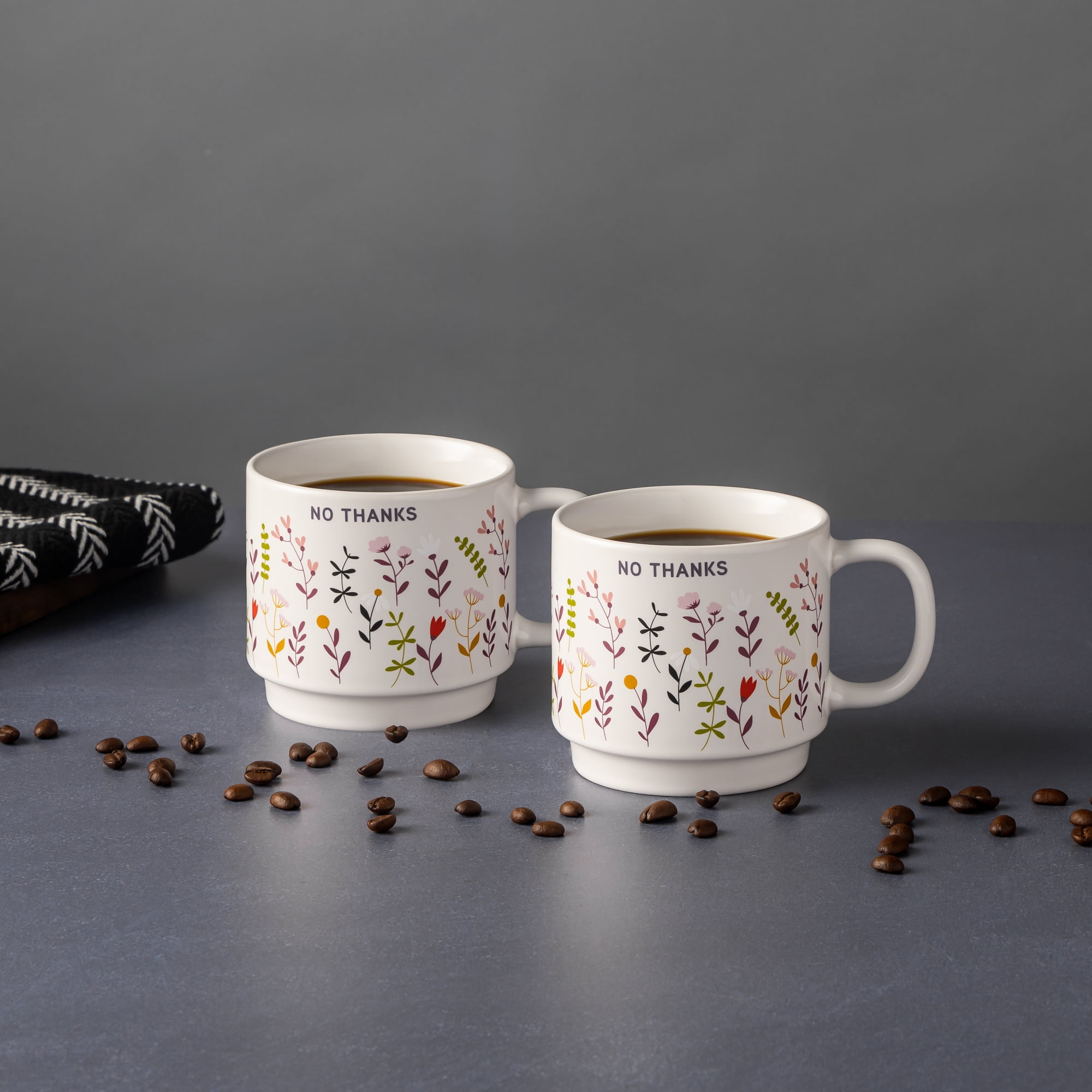 Lot de 2 mugs empilables « Good Morning » et « No Thanks » avec fleurs, en grès, 410 ml