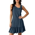 thumbnail image 4 of Women's Sleeveless Ruffle Hem Mini Dress Ribbed Textured Shift Dress Asymmetrical Neck Summer Beach Sundress Street Casual Outfit Navy, 4 of 6