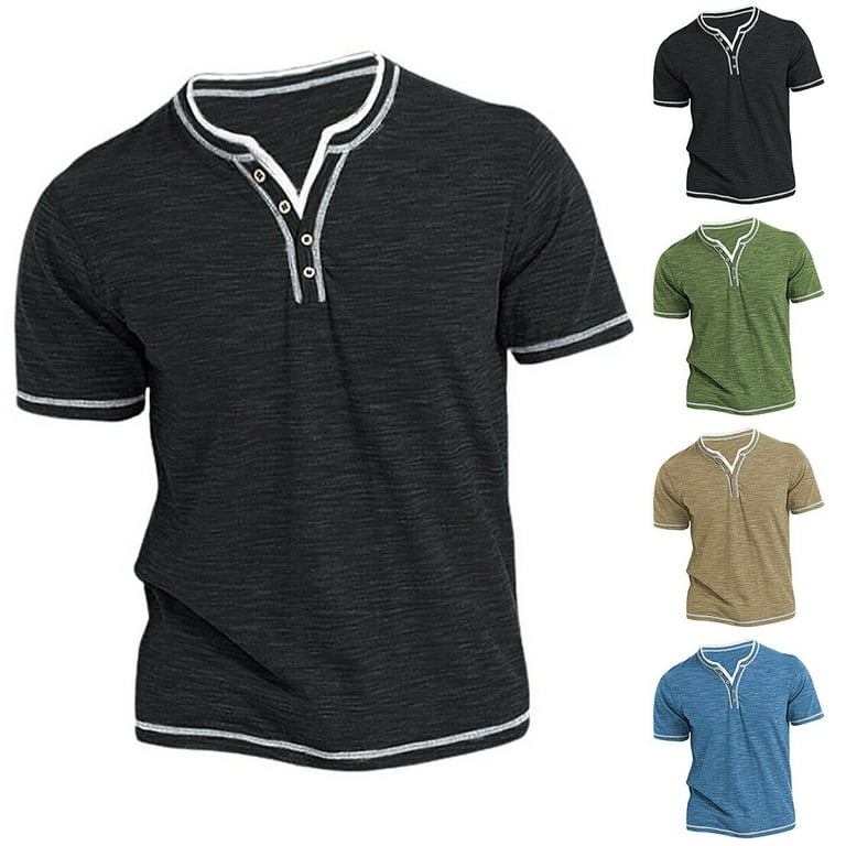 Mens Plain Short Sleeve Henley T Shirt Summer Casual Pullover