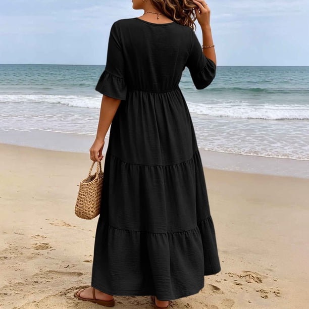 tiered black maxi dress Women's Plus Size Solid Color V Neck Loose Fit Casual Summer Beach Soft Breathable this Maxi Dress is different color wedding dresses Bachelorette Outfits Plus Size Size:us 10