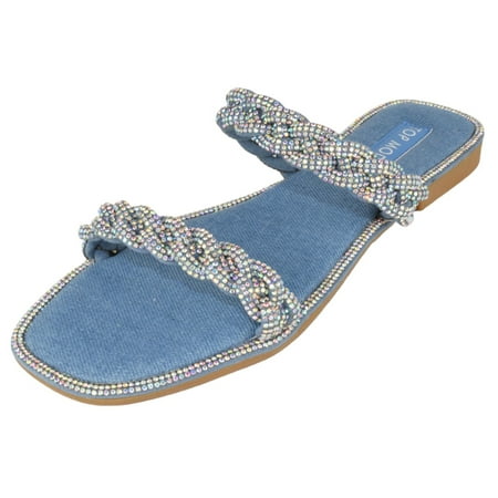 Top Moda Shoes Women Flip Flops Sandals Double Strap Slide Bling Rhinestone Crystals Formal LIZ-9 Denim Blue 8.5