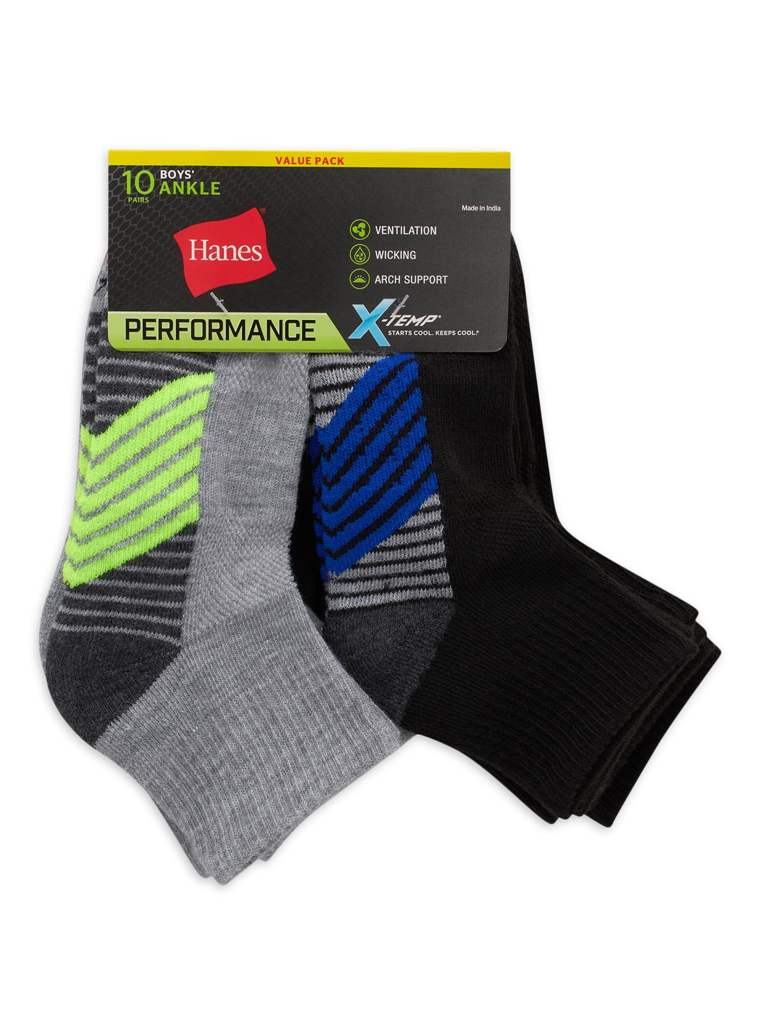 Hanes Boys' X-Temp Performance Ankle Socks, 10 Pack