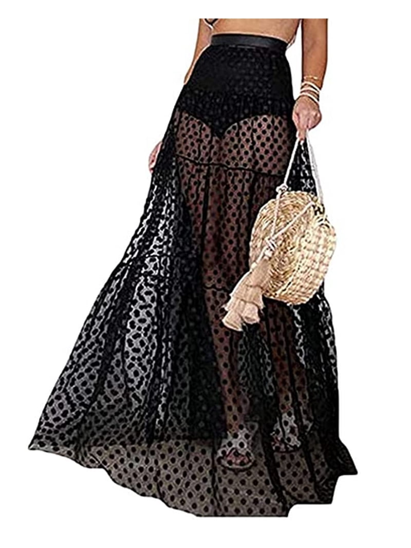 Women Bikini Cover Up Swimwear Sheer Mesh Skirt Beach Boho Maxi