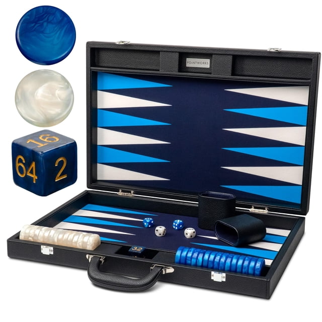 Set de backgammon Pointworks Premium, piel de 19 pulgadas, color negro y azul