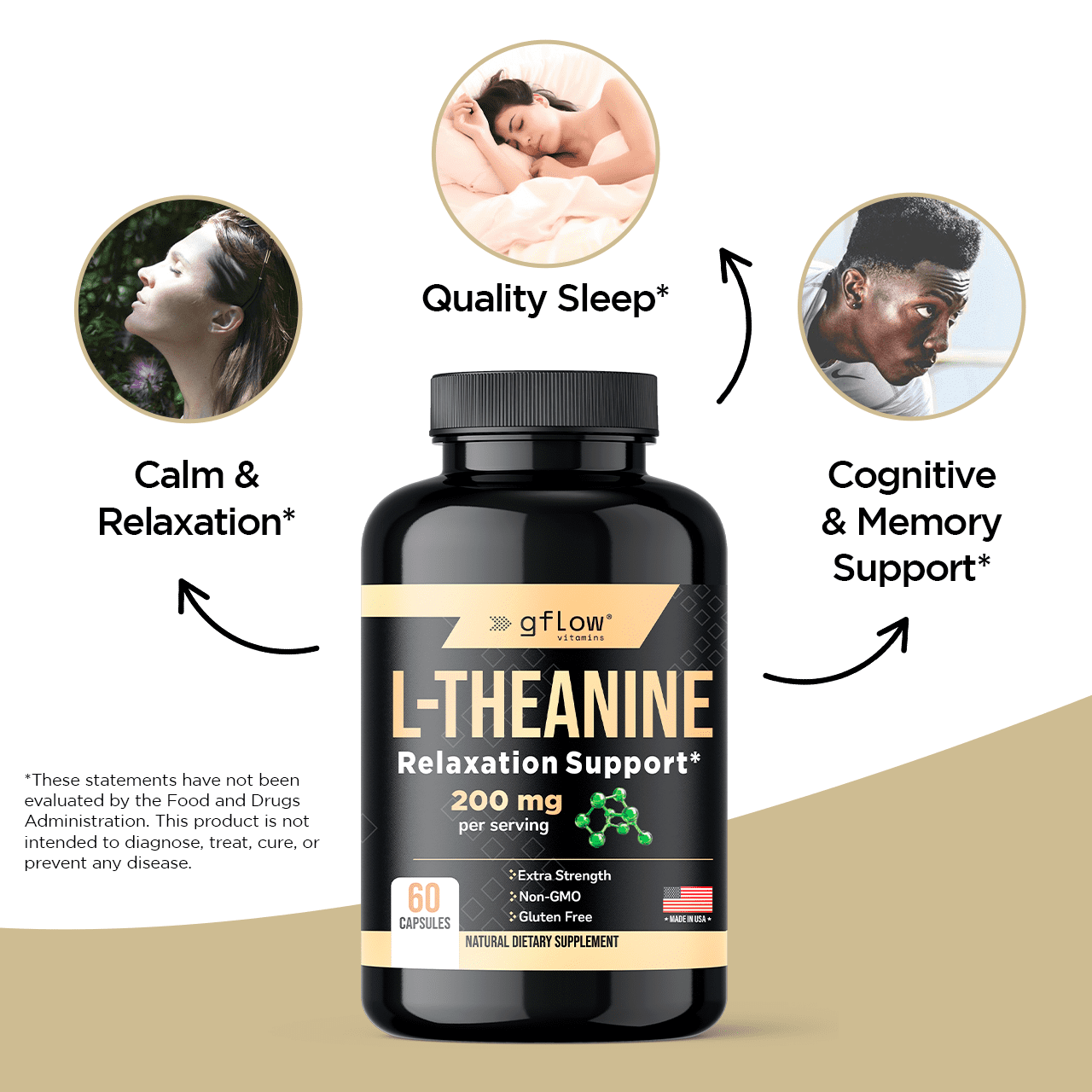 Gflow Vitamins L-Theanine 200 mg in vegetable capsules for relaxation and focus | Made in the USA