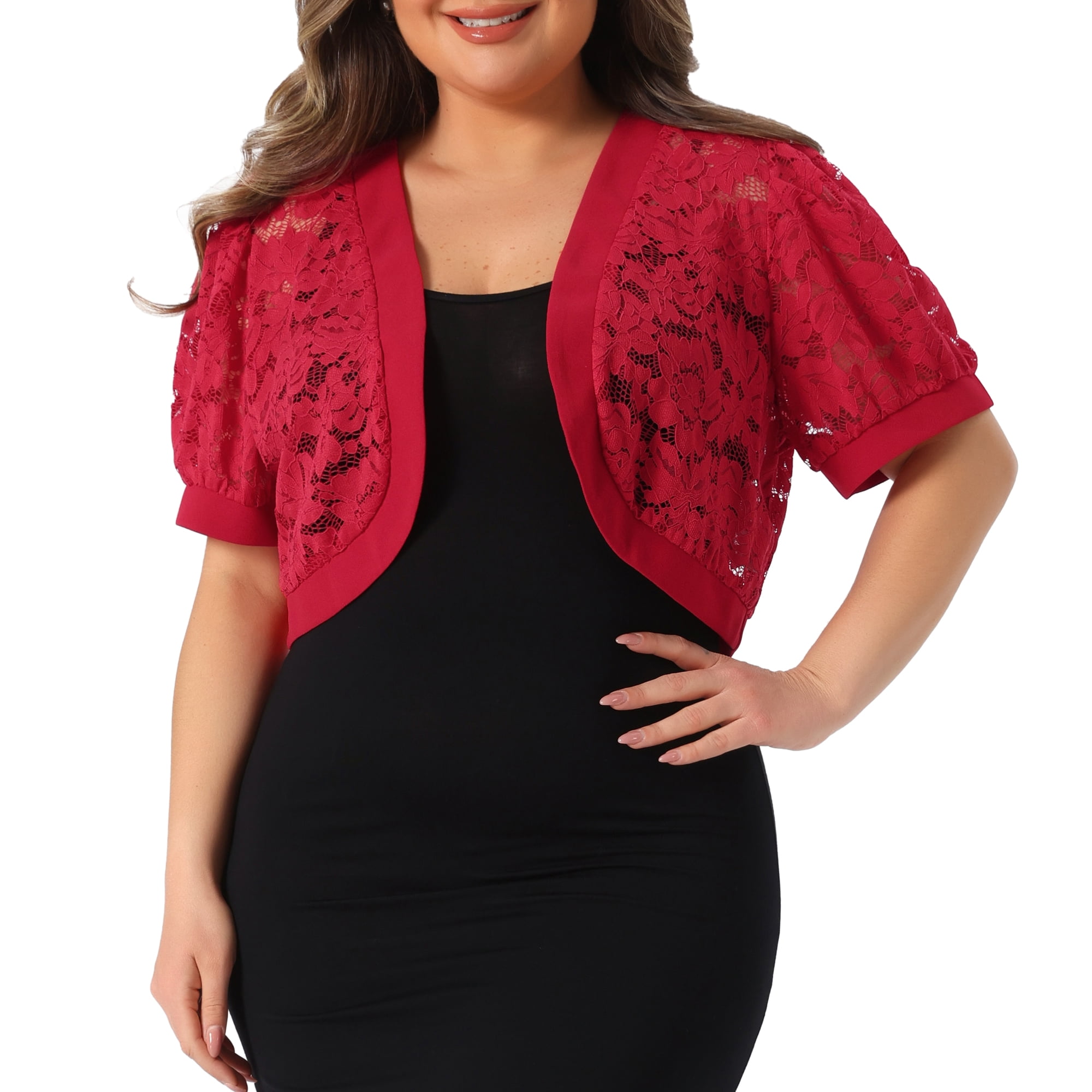 DARING DIVA Women's Plus Cropped Cardigans Floral Lace Bolero Shrugs 3X Red