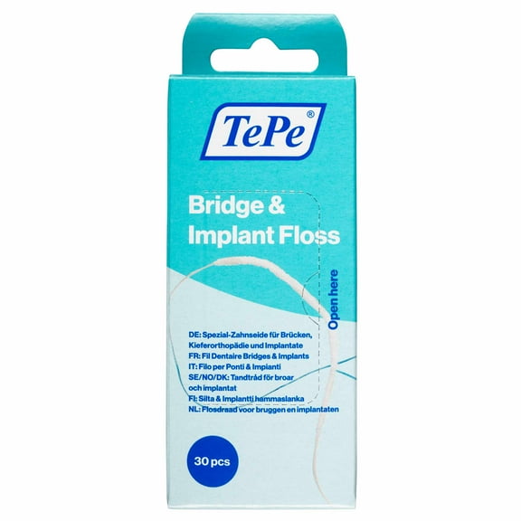 TEPE Bridge & Implant Dental Floss - Thick, Flexible with Stiff Ends for Braces, 30 Pieces