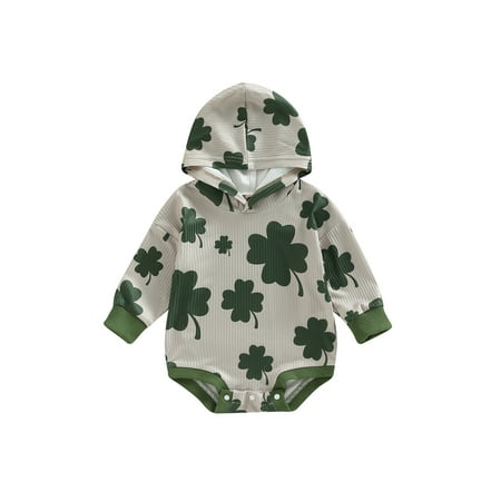 

Jkerther Infant Baby Hooded Spring Romper Long Sleeve Shamrock Print Casual Bodysuit