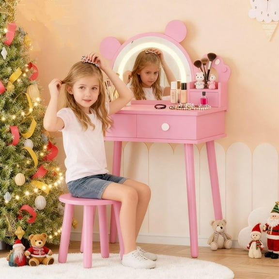 Garvee Kids Vanity Set with Lights, Girls Princess Bear-Shaped Make Up Vanity Desk with Mirro&Stool, Toddler Make Up Table Set for Bedroom, Pink