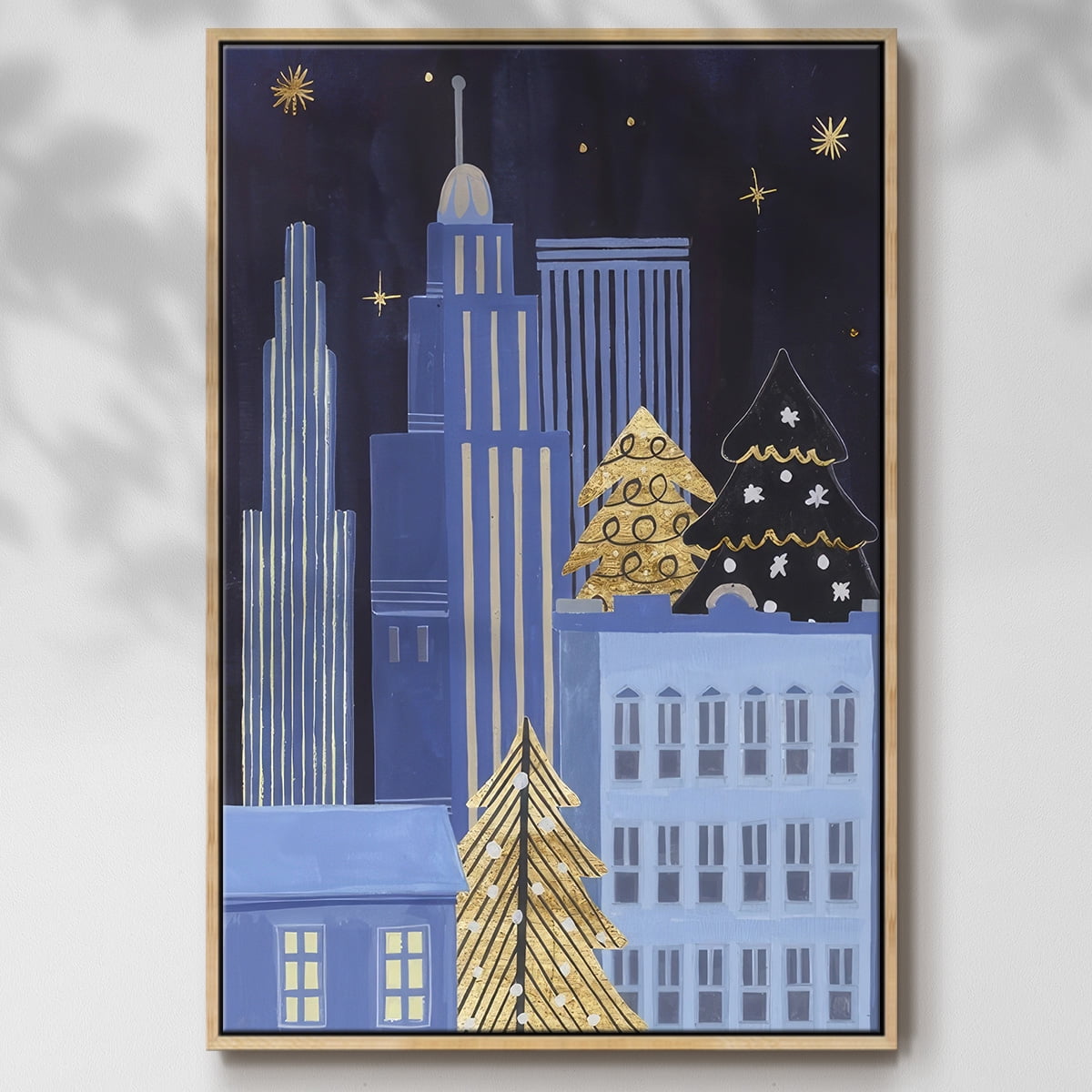 Holiday Night Collection B - Framed Gallery Wrapped Holiday Canvas - 17 x 25 - Natural Wood Frame