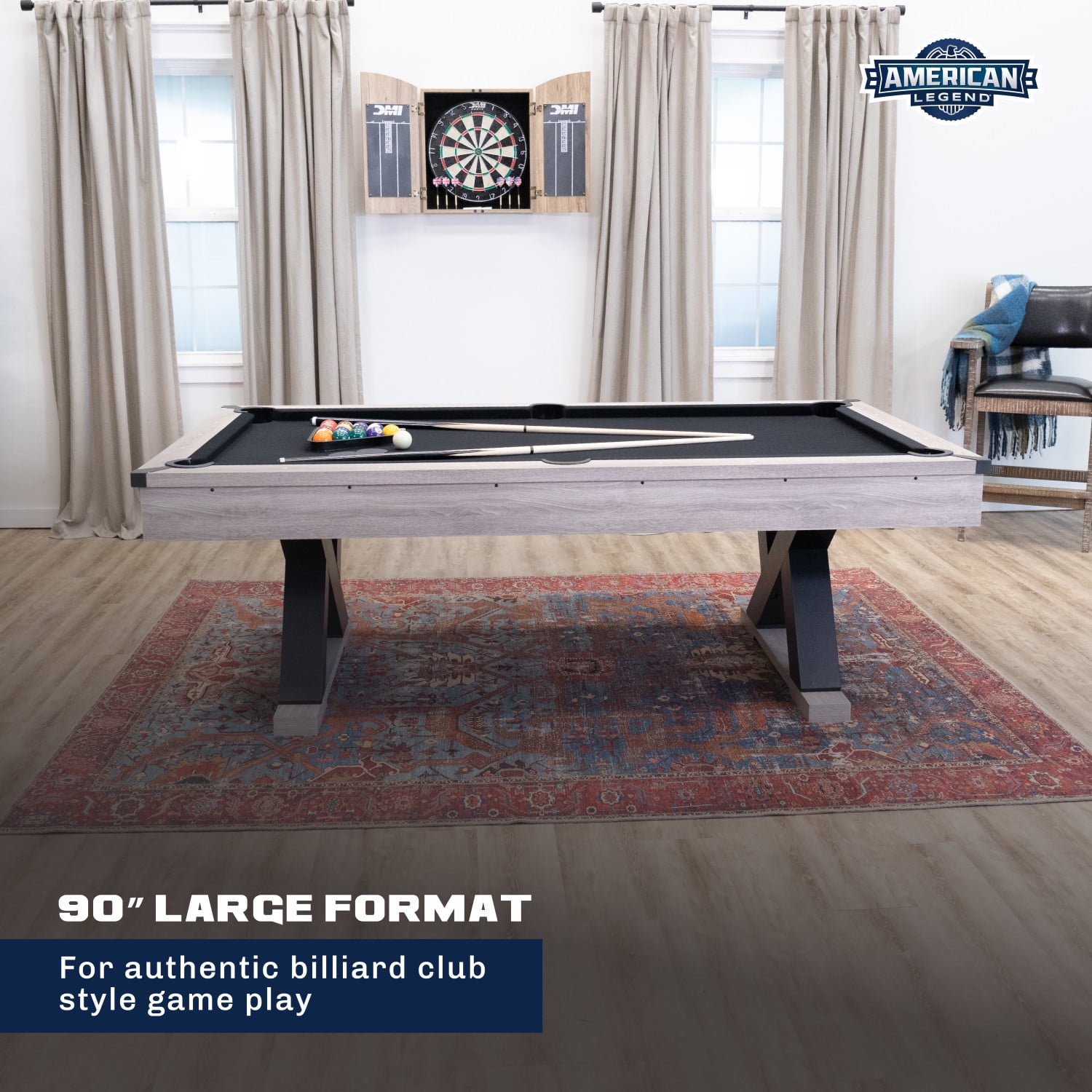 American Legend Kirkwood 90 Billiard Table with Rustic Finish, K-Shaped Legs and Black Cloth