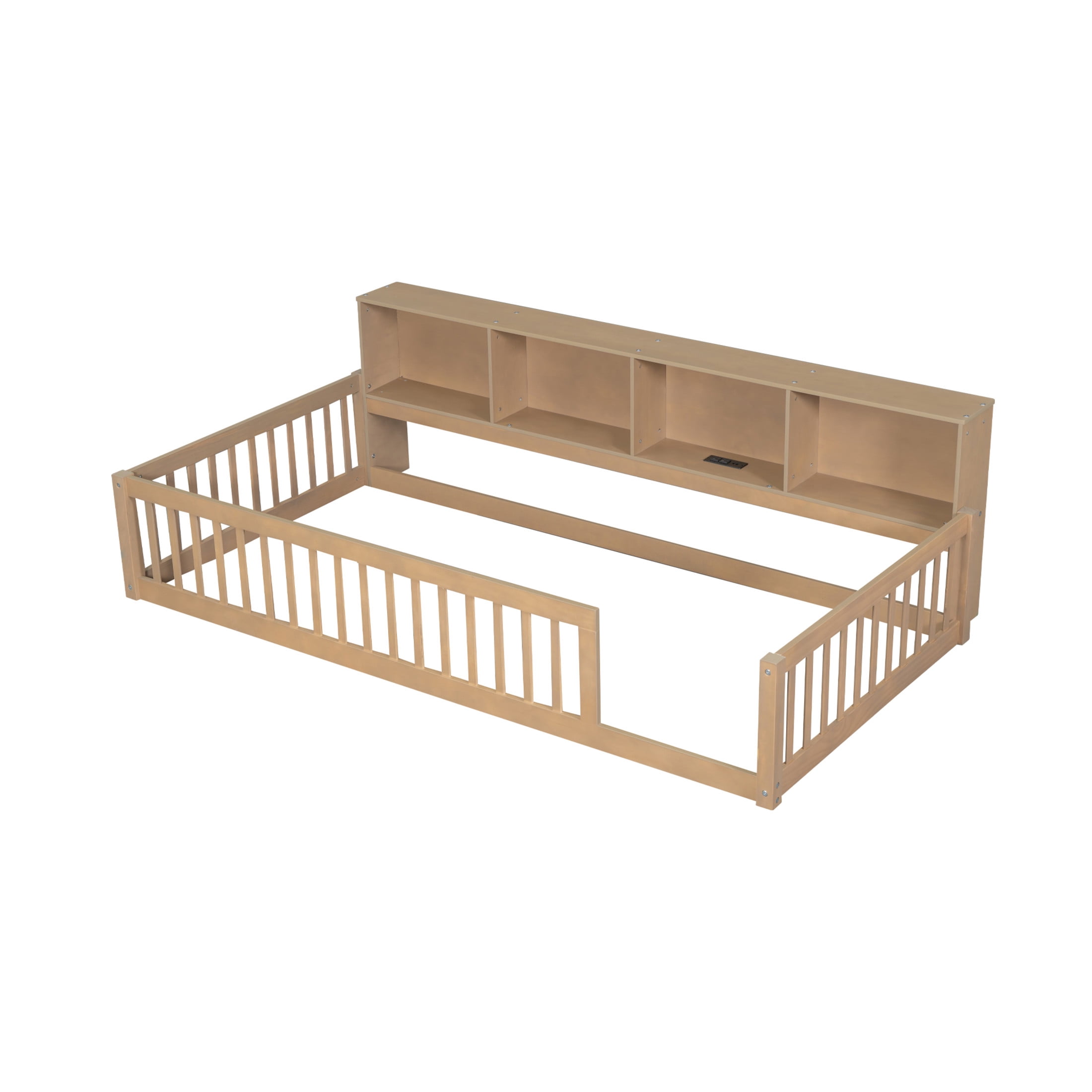 Noble House Twin XL Wood Floor Bed with Storage Cabinets and USB Charging Station, Space Saving Design, Brown