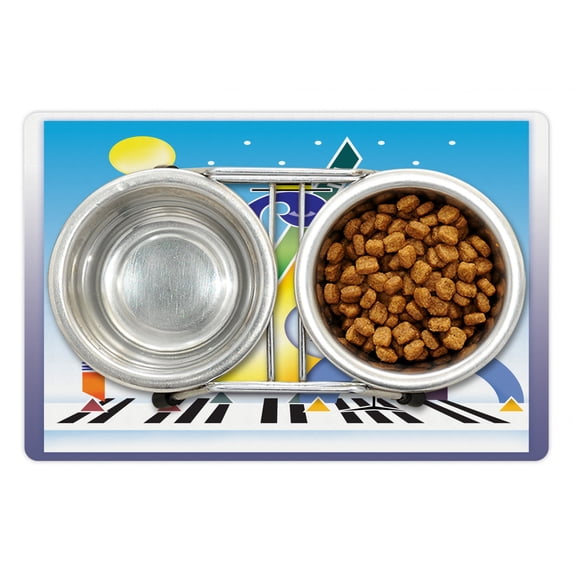 Music Pet Mat for Food and Water, Abstract Band of Geometric Shapes Drums Accordion Performing on Keyboard Surface, Non-Slip Rubber Mat for Dogs and Cats, 18" X 12", by Ambesonne