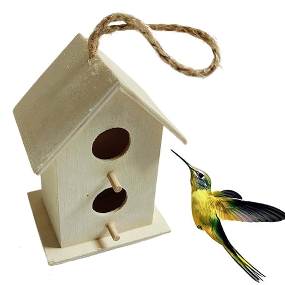 Hanging Wooden Birdhouse Ornament, Miniature Rustic Bird House with Rope for Garden Patio and Indoor Decor, Natural Wood Color Craft for Bird Lovers
