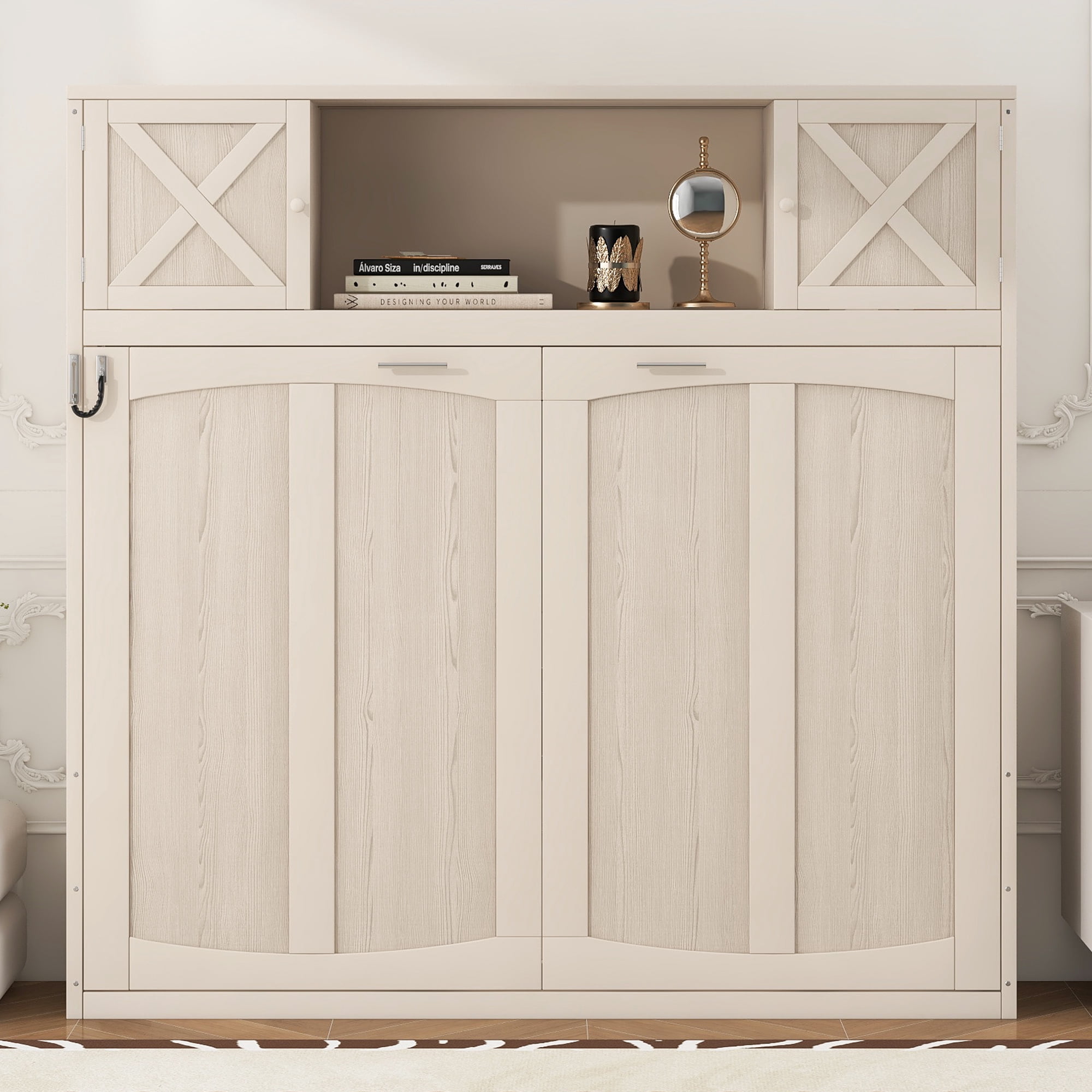 Queen Size Murphy Bed with Storage Cabinets for Space-Saving Guest Room