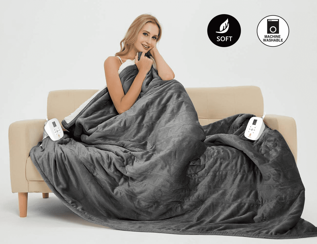 Electric Blanket King Grey Heated Throw with 10 Heat Settings/Safety 10 Hours Auto-Off Dual Controllers
