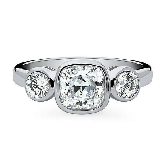 Vivid Jewel 14K White Gold Plated Anniversary Rings for Women's - 1.7 Ct Cushion Cut Diamond Rings - Bezel Set Diamond Engagement Wedding Bridal Rings - 3 Stone Party Wear Diamond Rings for Women's