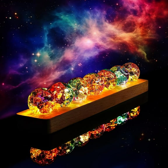DZORUN Colorful Spheres for Meditation Crystal Cracked Balls with LED Wooden Stand Night Light Decoration Balls Set for Home 7pcs